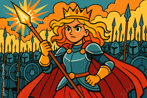 Illustration rally warrior spear vector glowing princess before army standing her