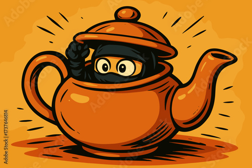 Ninja tiny teapot peek vector hiding oversized eyes peeking inside illustration