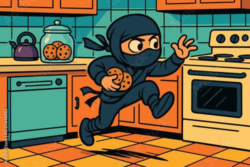 Kitchen cookie stealthy heist stealing cookies tiptoe vector illustration exaggerated ninja child