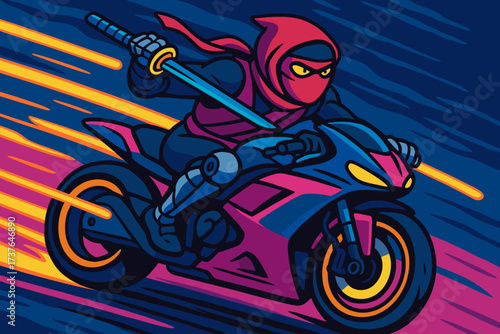 Ninja ride riding high cybernetic cyber vector speed behind glowing trails neon