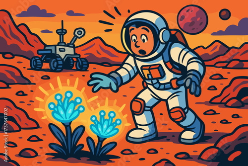 Adventure alien glowing plants exploring mars martian discovering rover discovery surprise vector