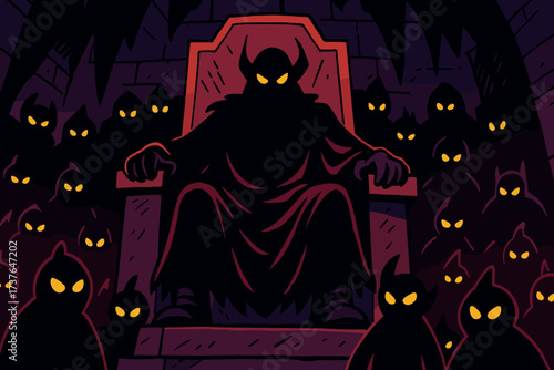 Villainous throne villain dark scene vector surrounded eyes glowing shadowy illustration giant