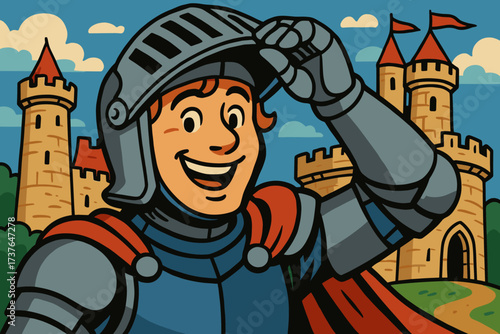 Knight to reveal vector illustration raising towers castle cheerful visor face background