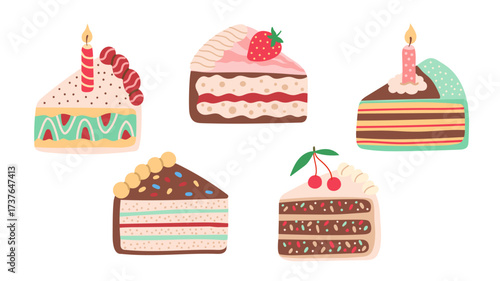 Cake slices set with colorful decorations, candles, strawberries, cherries, cream layers, sprinkles. Sweet dessert. Happy Birthday card. Vector illustration, hand drawn, flat, doodle design