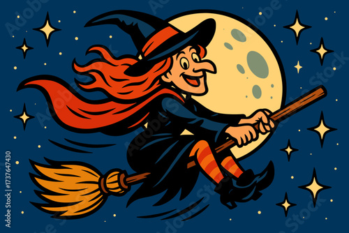 Witch across sparkling background illustration stars s vector sky moonlit flying