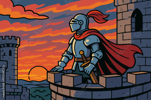 Illustration balcony horizon castle vector into knight sunset s gazing behind