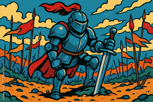 Armored s banners battlefield illustration tip vector knight vibrant ground resting sword