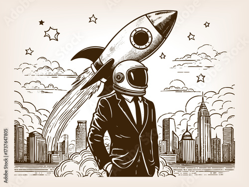 man in a suit with astronaut helmet, standing in cityscape while rocket launches behind him sketch engraving generative ai fictional character vector illustration. Scratch board. Black and white image