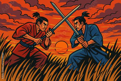 Illustration under samurai sunset field grass vector between duel two