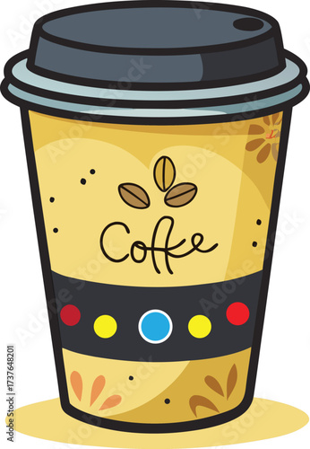 Hand drawn illustration of a disposable coffee cup with a lid