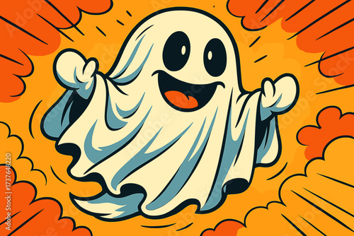 Playful smiling vector illustration wearing oversized ghost baby cheerfully eyes sheet