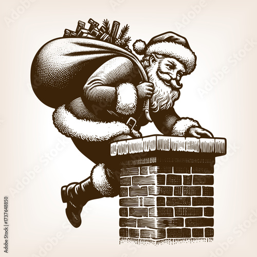 Santa Claus in traditional outfit carrying a sack of presents as he climbs down a snowy chimney on Christmas Eve sketch engraving generative ai vector illustration. Scratch board. Black and white.