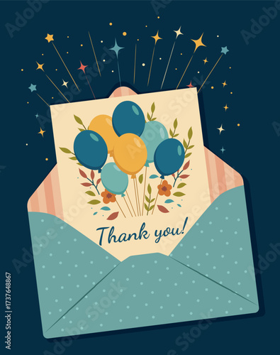 A festive, cute vector illustration a blue envelope with a Thank You card decorated with flowers and balloons on a dark blue background. Perfect for various greetings, designs, inserts, social media