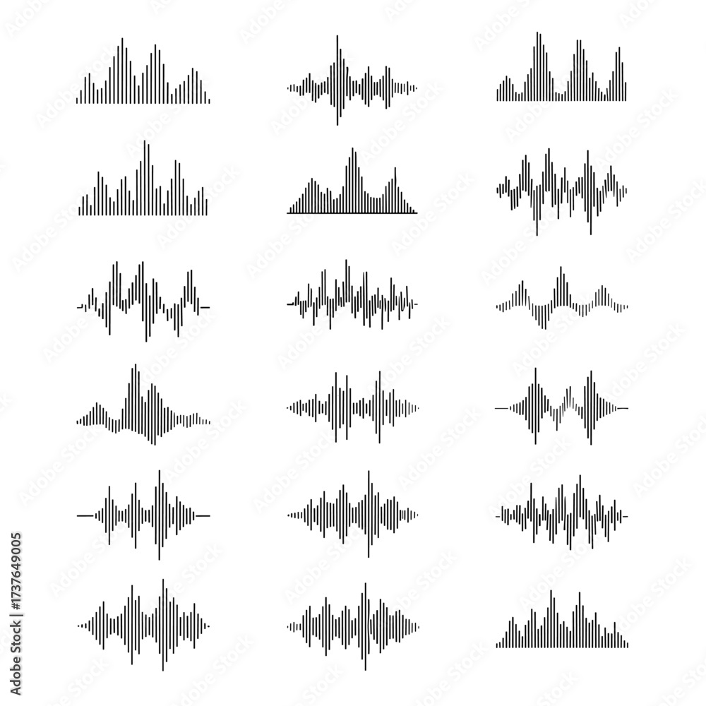Fototapeta premium A collection of diverse sound wave visualizations showing amplitude and frequency variations.