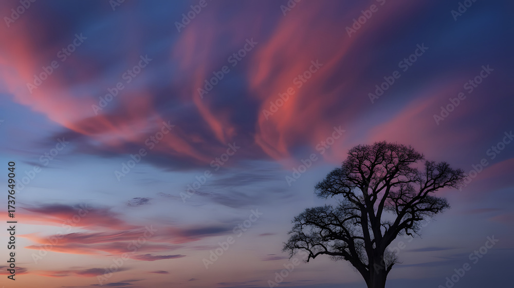 Obraz premium A lone bare tree silhouetted against a surreal long exposure sky painted with vibrant pink and purple twilight clouds