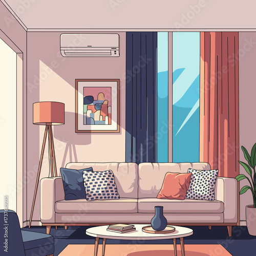 Cozy living room with large window and comfortable sofa.