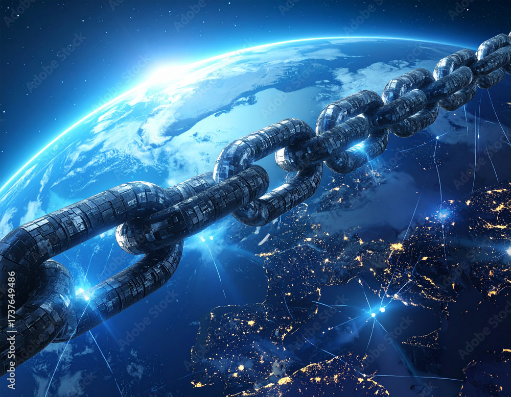 Naklejka premium Creative Modern digital blockchain network concept visualization wallpaper
