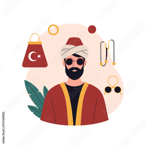 A man in traditional attire with cultural symbols and accessories.