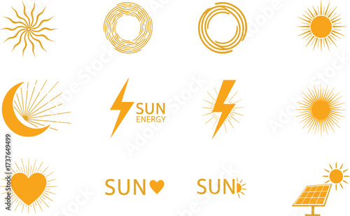 Sun energy logo collection, solar power icons, renewable energy symbols, sunshine design, solar panel graphics, eco-friendly sustainable energy branding