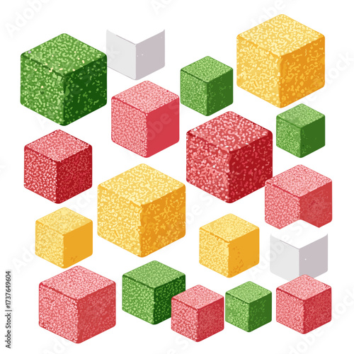 A collection of colorful sugar dusted gummy cubes arranged in a playful pattern on a white background.