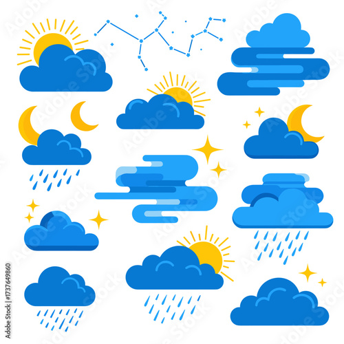 A diverse collection of weather icons depicting clouds sun rain and moon phases
