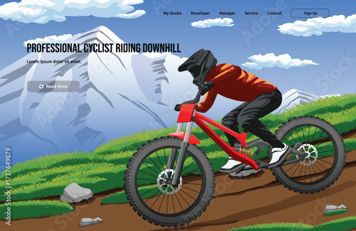 Professional Cyclist Riding Downhill vector illustration with abstract nature elements, including lifestyle, character, and background. Ideal for sport, hobby, and landscape content.