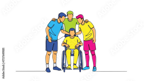 Colorful Continuous One Line Drawing of Inclusive Team Huddle – Minimalist Line Art Representing Equality, Collaboration, and Workplace Diversity