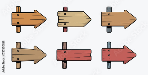 Collection of Six Wooden Directional Arrow Sign Icons on White Background
