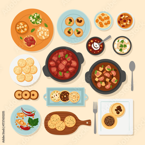 A vibrant spread of delicious and colorful snacks and dishes awaits you to explore and enjoy.