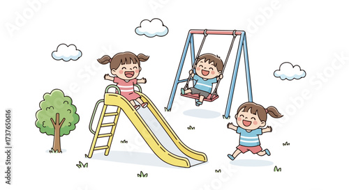 Joyful Children Playing Together on a Sunny Day at the Playground Slide and Swing Set Fun Childhood Activities Illustration