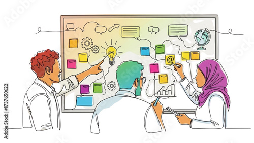 Artboard 1Continuous One Line Drawing of Multicultural Team Collaborating at Whiteboard – Minimalist Line Art Representing Creativity, Teamwork, and Workplace Diversity