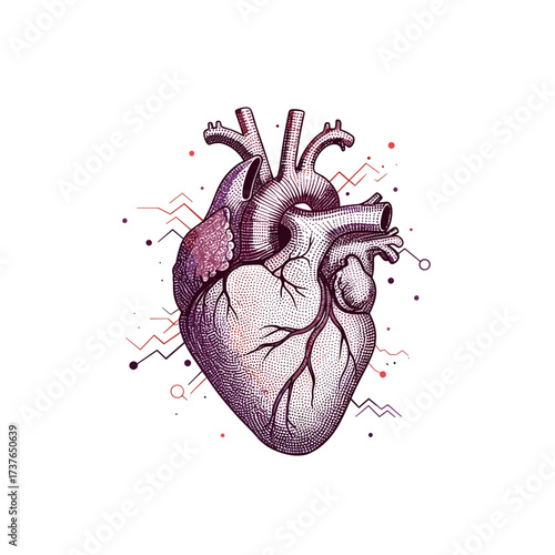 An intricate illustration of a human heart with abstract geometric patterns and scattered dots.