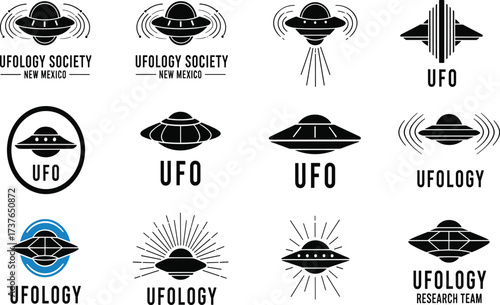 UFO logo collection, alien spaceship icons, flying saucer design, extraterrestrial symbol set, ufology research emblem, modern sci-fi logo template
