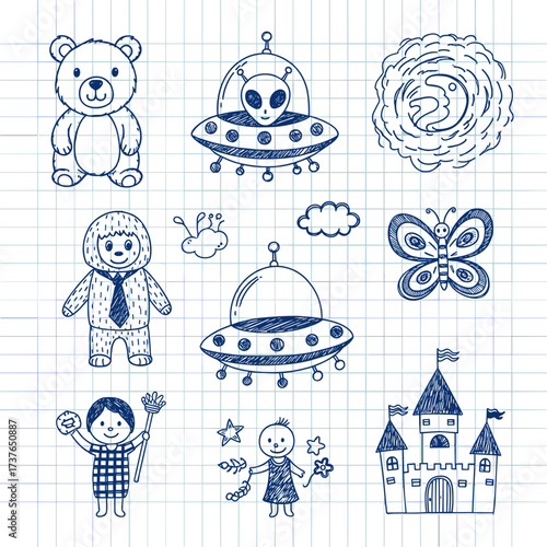 A collection of whimsical hand-drawn sketches featuring fantasy and childhood themes.