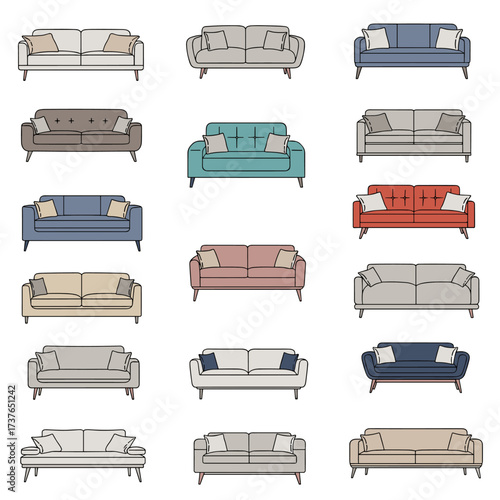 A collection of various stylish sofas in different colors and designs for living room furniture inspiration.