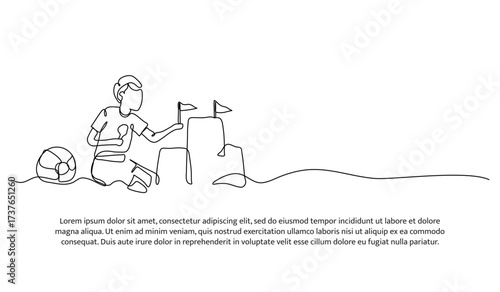 One line of a boy making sand castles on the beach. Abstract minimal continuous line.