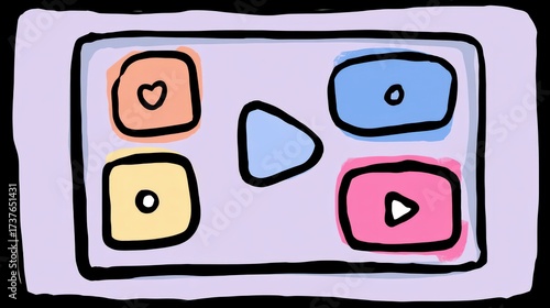 Play Icon on Tablet: A cartoon-style illustration of a tablet screen, centered by a play button, accompanied by various other icons in an artistic display, evoking modern interface design.