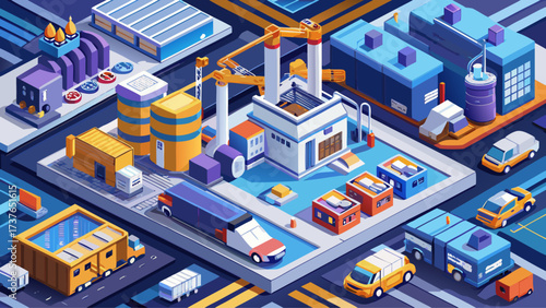 An isometric industrial factory with automated machines, conveyor belts, energy supply stations, storage warehouses, construction materials, engineering structures, heavy equipment, industrial plant 