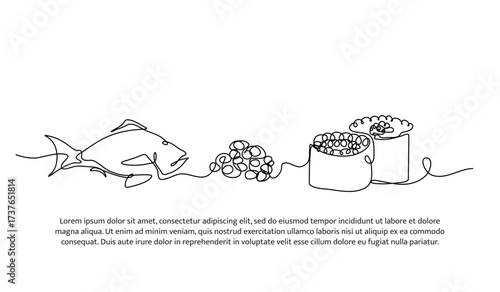 Continuous line design of fish, caviar, and sushi. Single line decorative element drawn on white.
