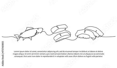 Continuous line design of fish and salmon slice. Single line decorative element drawn on white.