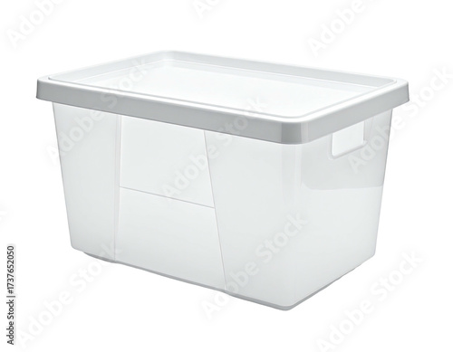 A clear rectangular storage bin with a fitted lid and integrated handles