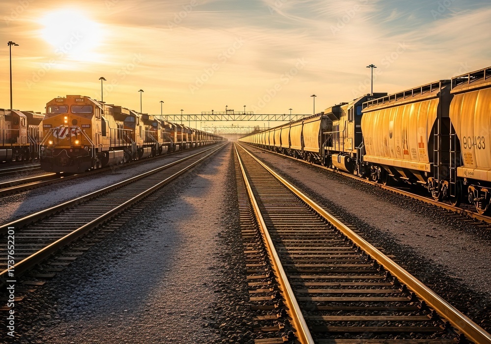 Obraz premium Train yard at dawn with freight wagons illuminated by golden light and long industrial shadows stretching across rails in cinematic atmospheric morning scene