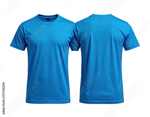 Front and back view of a plain, bright blue short-sleeved, round-neck shirt