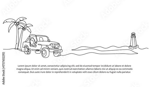 Continuous line design of jeep on the beach. Single line decorative element drawn on white.
