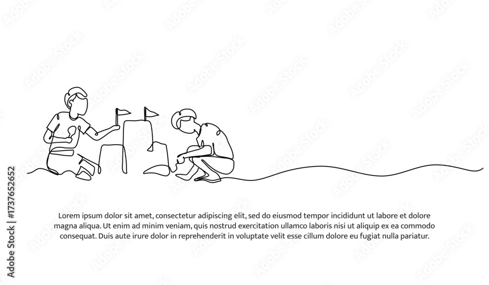 Fototapeta premium Continuous line design of two boy making sand castles on the beach. Single line decorative element drawn on white.