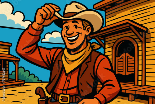Cowboy hat while saloon smile cheerful vector standing wooden illustration tipping
