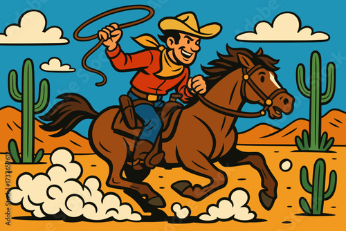Vector across desert cowboy dust horse galloping adventure riding illustration clouds cacti