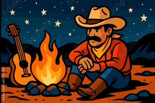 Under sitting starry serenade resting illustration night campfire cowboy guitar vector