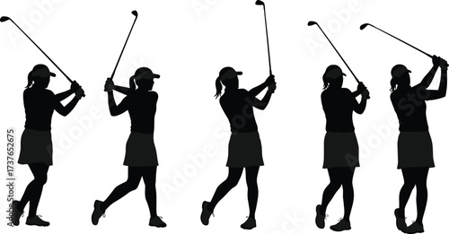 Silhouette of female golfer swinging golf club, playing sport, athlete in action, outdoor recreation, golfing motion sequence, isolated on white, sportswoman vector illustration