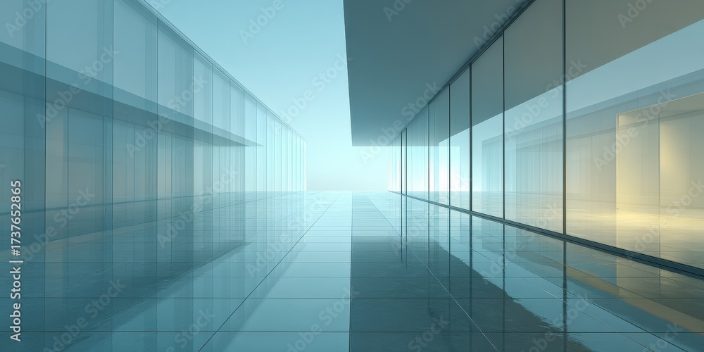 Obraz premium Long modern minimalist glass corridor with bright light at the end.